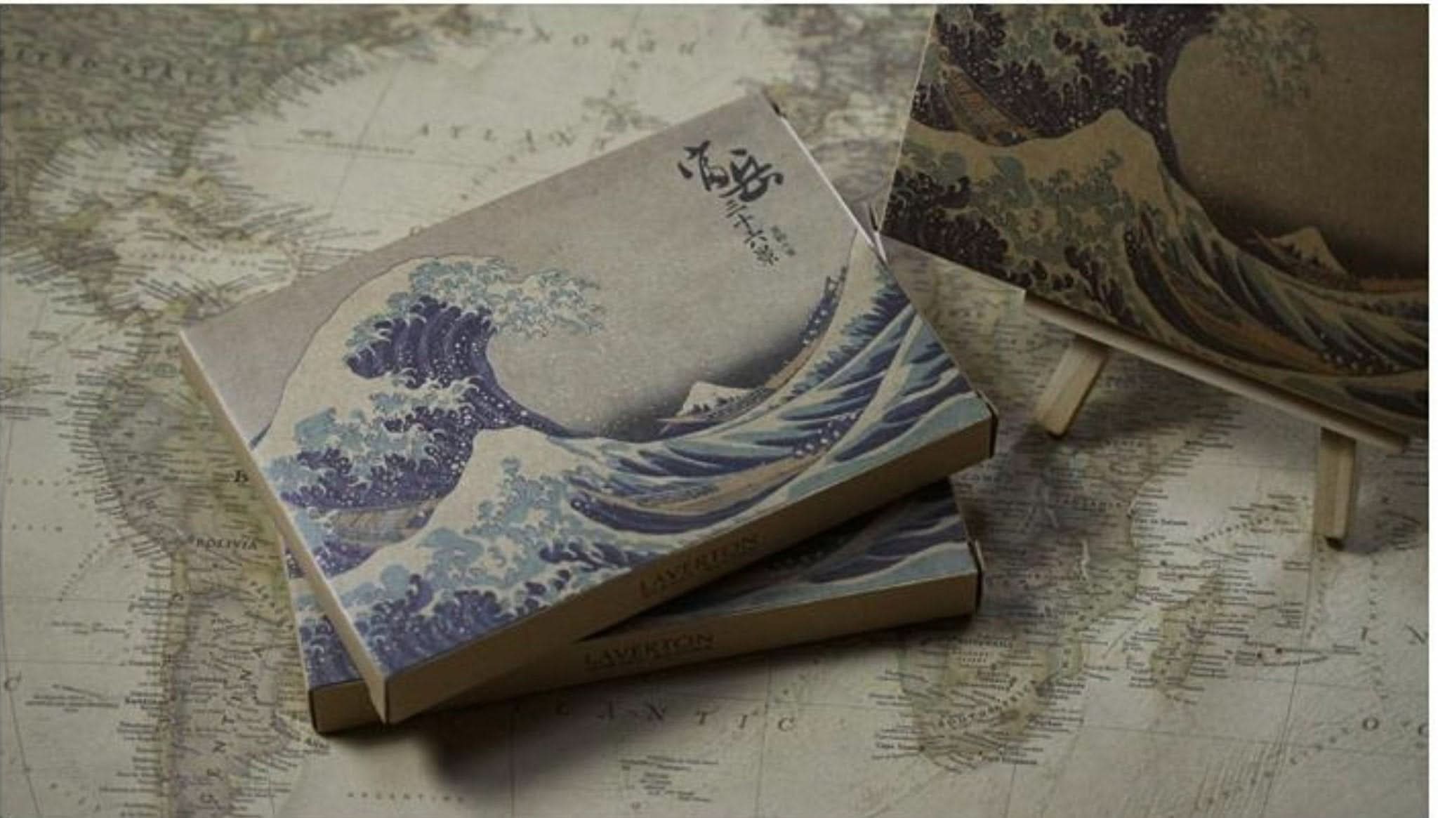 Hokusai Japanese Art Postcards 30pcs with blue wave design on vintage map background.
